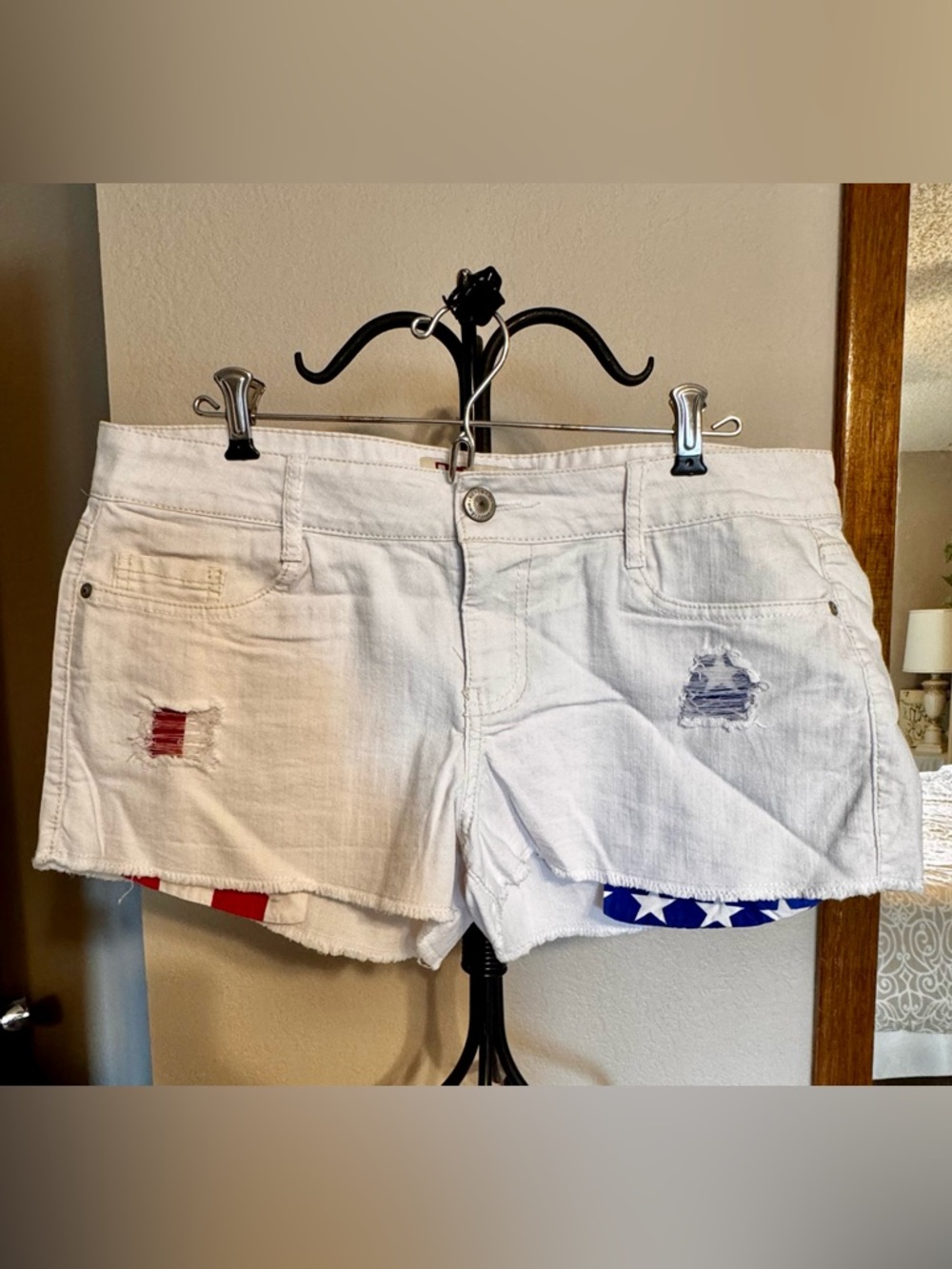 White Distressed Women’s Shorts w/Stars & Stripes and Rhinestone Accents - 13